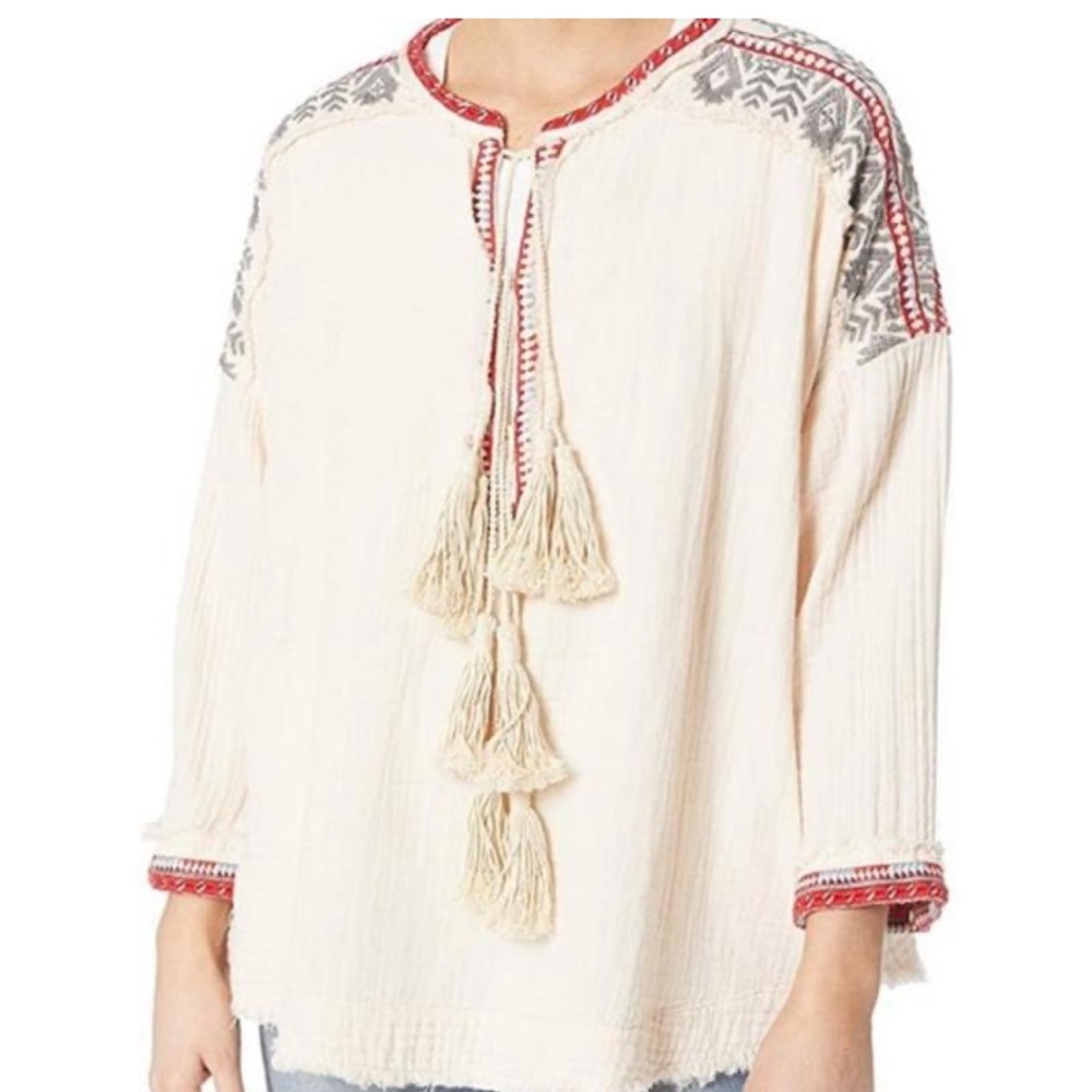 JOHNNY WAS~ Cream Cotton Gauze Embroidered Bohemian Nomad Top Blouse